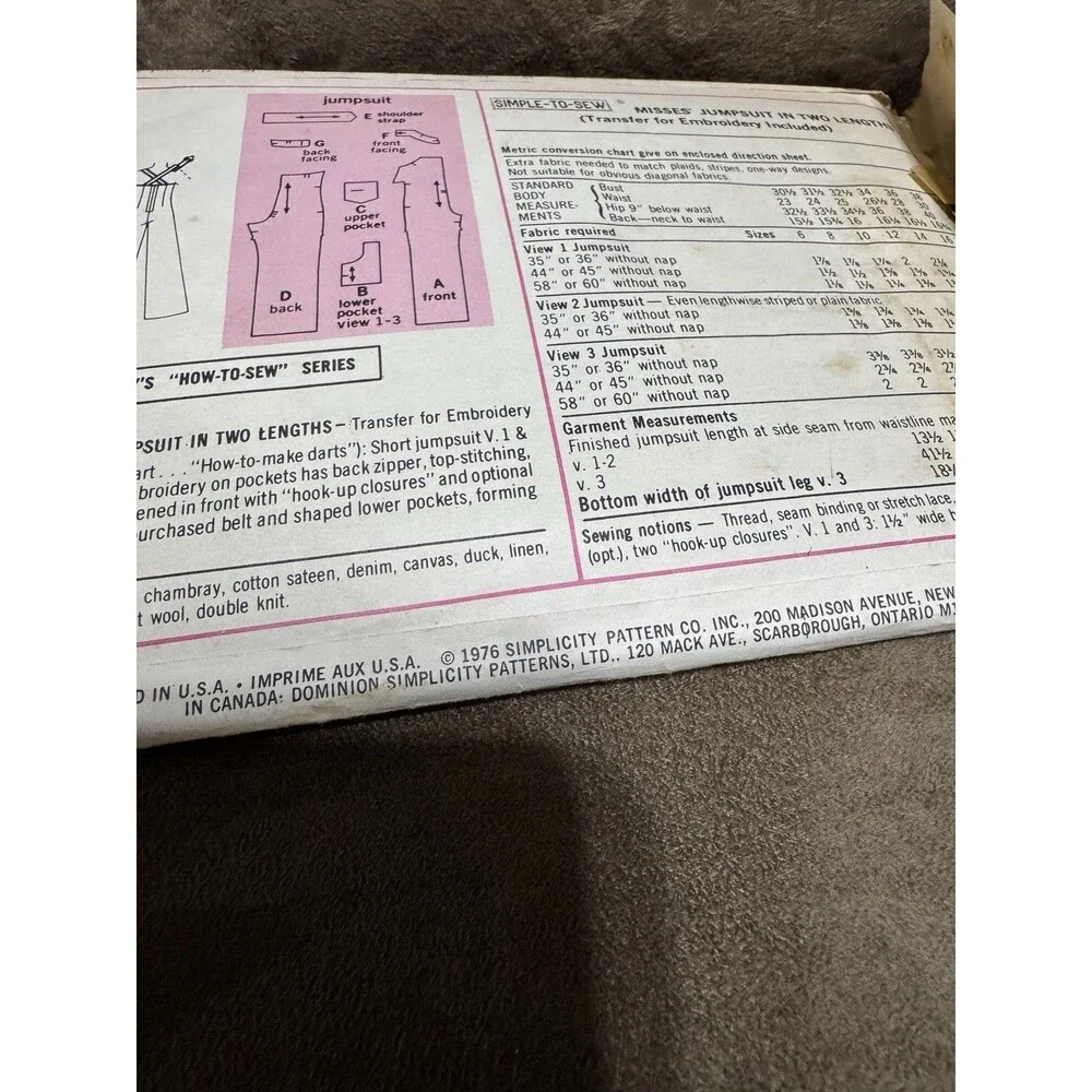 Simplicity 7329 Sewing Pattern Girls Size 16 Misses Jumpsuit Vintage 1976 70s